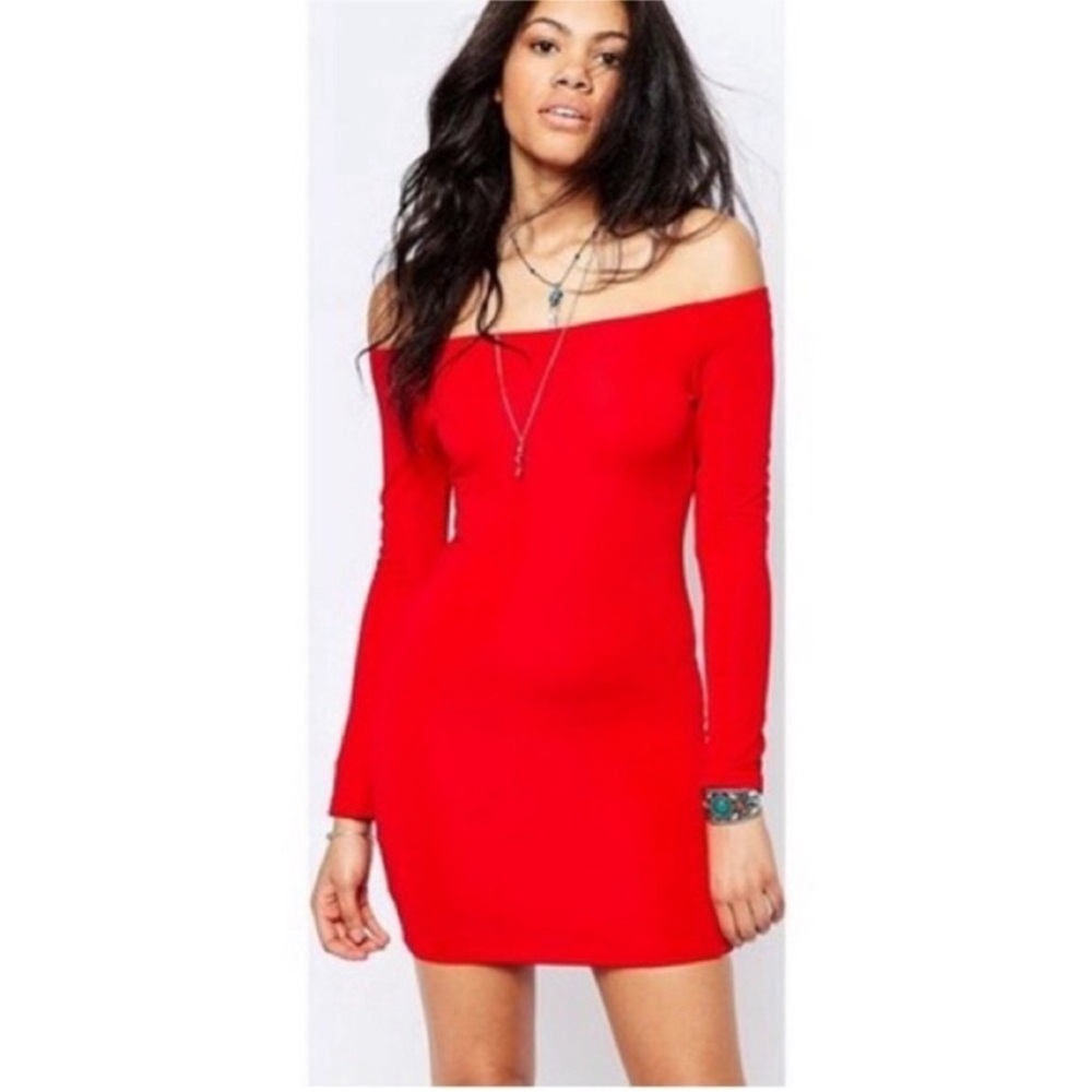 Wild Fable Red Lace Trim Off-Shoulder Long Sleeve Bodycon Mini Dress | NWT